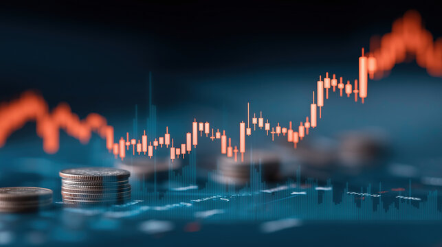 Financial candlestick chart rising above stacked coins illustrating market growth.