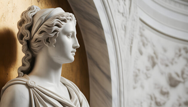 Sculpted Grace: An exquisite marble sculpture, showcasing the refined profile of a classical figure, embodies the timeless beauty and artistry. - Powered by Adobe
