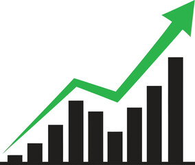 Green arrow graph showing upward trend and increasing bar chart isolated on transparent background
