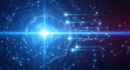 Fototapeta premium Global network connection and high-speed data transfer. Artificial intelligence and big data concept. Bright light energy core sending digital information beams through a plexus grid