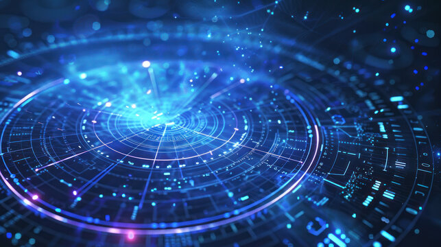 Futuristic digital blue circular interface with glowing concentric rings and particles