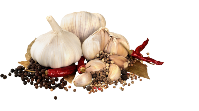 Fresh garlic bulbs and cloves with dried chili, black pepper, and bay leaves for cooking and flavoring, isolated on transparent background, PNG.