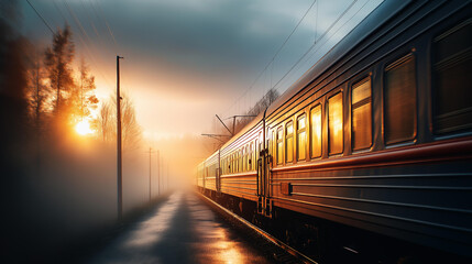 Naklejka premium A train passing slowly through fog, cinematic travel mood, golden light reflections.