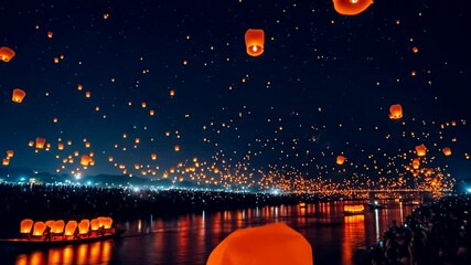 Vibrant night scene of floating lanterns illuminating a river, with crowds enjoying the view - Powered by Adobe