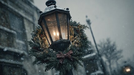frozen street lamp with Christmas wreath,