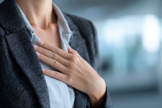 A kind businesswoman places her hand on her chest, expressing empathy and reassurance.