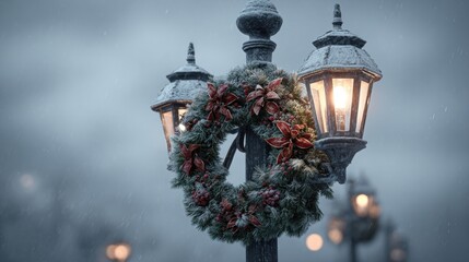 frozen street lamp with Christmas wreath,