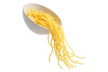 Cooked spaghetti spilling from a white bowl, falling pasta noodles, traditional italian food, isolated on transparent background