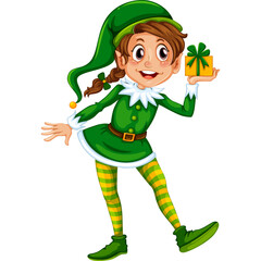 Cheerful Elf Holding a Christmas Gift With Green and Yellow Striped Tights and Pointed Hat