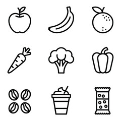 Nine icons of fruits, vegetables, and coffee on a white background apple banana