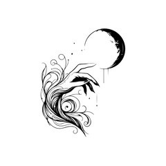 Hand holding the moon — mystical black and white vector illustration symbolizing reaching dreams, feminine energy, and magical night sky design