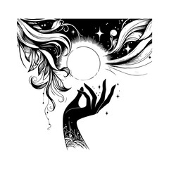 Hand holding the moon — mystical black and white vector illustration symbolizing reaching dreams, feminine energy, and magical night sky design