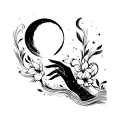 Hand holding the moon — mystical black and white vector illustration symbolizing reaching dreams, feminine energy, and magical night sky design