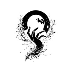 Hand holding the moon — mystical black and white vector illustration symbolizing reaching dreams, feminine energy, and magical night sky design