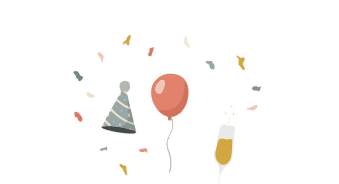 A festive collection of party icons, including a celebratory hat, balloon, champagne, and confetti for special occasions