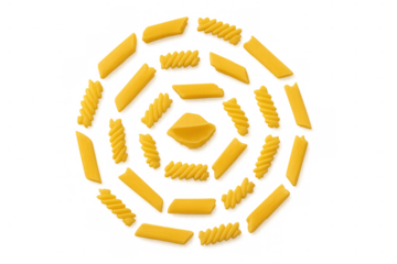 Uncooked pasta assortment creating circular pattern, featuring penne, fusilli, and conchiglie shapes on transparent background