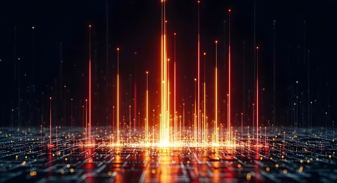 High-speed digital data transfer and technology innovation. Server processing and big data visualization. Vertical light beams and orange glowing particles rising from a matrix grid