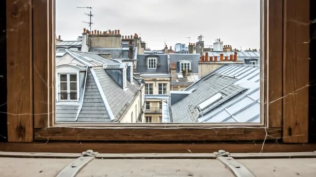 View from an attic window showcasing Parisian rooftops with cobwebs and a vintage trunk