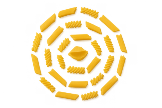 Uncooked pasta assortment creating circular pattern, featuring penne, fusilli, and conchiglie shapes on transparent background