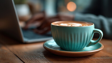 Fototapeta premium Remote work scene showing individual using laptop in cozy cafe environment with coffee
