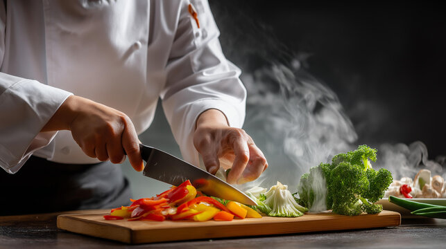 A chef slicing fresh vegetables on wooden board, motion blur of knife, steam rising in background, warm kitchen lighting.