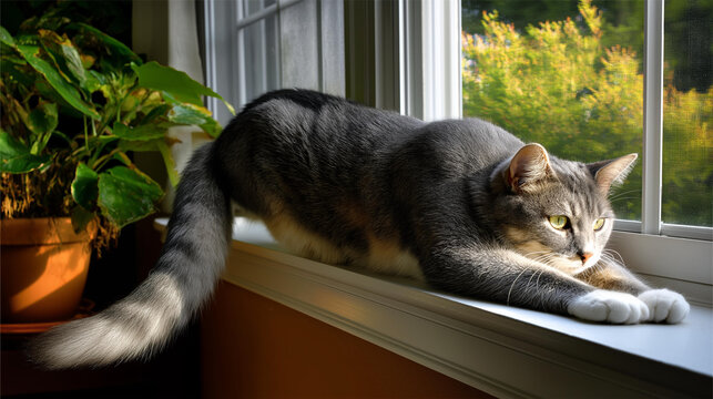 Cat stretching on windowsill, tail flicking slowly, morning light, cozy home stillness. - Powered by Adobe