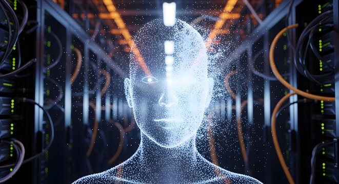 Artificial intelligence digital face processing in a server room. Data analysis and future of computing. Glowing human wireframe head surrounded by cables and light rays