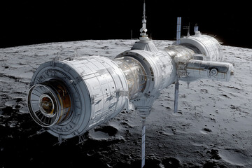 Futuristic Modular Space Base Structure Resting On A Dark Gray Cratered Moon Surface