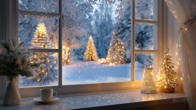 Cozy window view of a snowy winter wonderland with illuminated Christmas trees and festive decor inside.