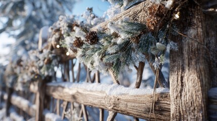 frozen wooden fence decorated for Christmas,