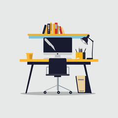 Illustration of a modern office desk with computer, books, and office supplies.