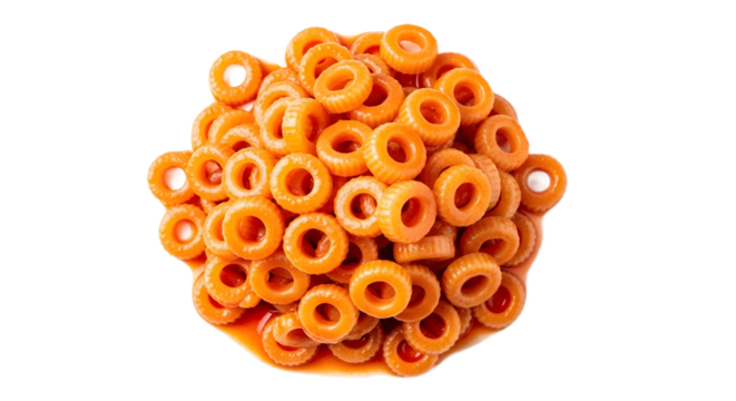A pile of caramel candy rings on a white surface on transparent background