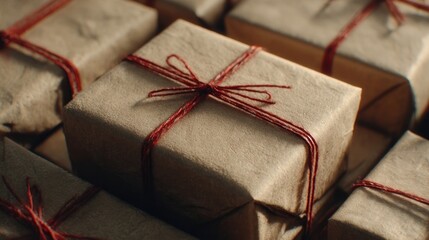 gift boxes wrapped in brown paper and red string,