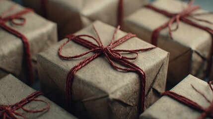 gift boxes wrapped in brown paper and red string,