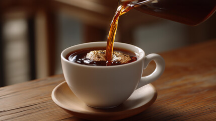 Close-up of coffee dripping into cup, slow motion, minimal warm tone.