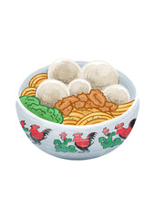 Indonesian Bakso Meatball Soup in Rooster Bowl Vector Illustration