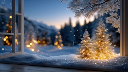 Magical winter window view with illuminated Christmas trees, sparkling snow, and warm festive lights