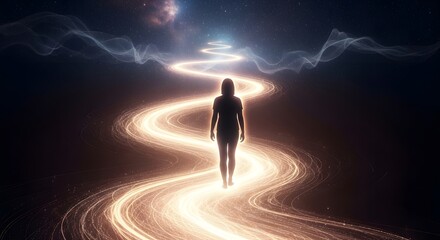 A silhouette of a person walking along a glowing, swirling path in a surreal, cosmic environment with stars and nebulae in the background