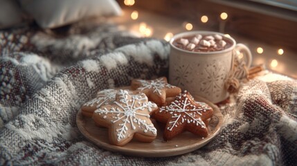 gingerbread cookies and hot cocoa on cozy blanket,