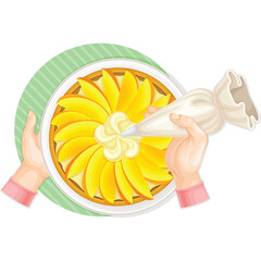 Close up of hands decorating a fruit tart with whipped cream using a piping bag overhead view in bright lighting