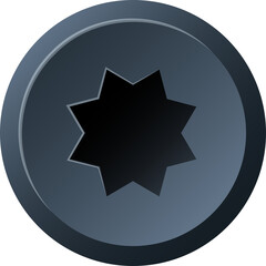 Close up view of a dark grey metal screw head with a black star shaped recess for a screwdriver set against a transparent background in a top down perspective