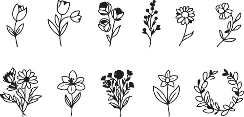 Floral vector pack: hand-drawn flower illustrations, botanical line art for design eps silhouette
