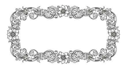 Ornate Rectangular Floral Frame with Decorative Scrollwork on Isolated White Background, Vintage Elegant Flower Border Design