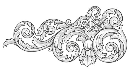Ornate Vintage Flourish Swirl Decorative Element with Acanthus Leaves on Isolated White Background, Elegant Baroque Floral Ornament Motif