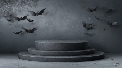 Spooky Halloween podium background with dark gray tones and fluttering bats creates a dramatic and atmospheric setting for festive events, parties, or promotional displays.