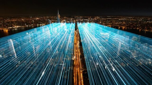 City's Pulse: a mesmerizing aerial panorama of a city at night, with streams of light illuminating the urban landscape, suggesting the city's energy and constant motion.