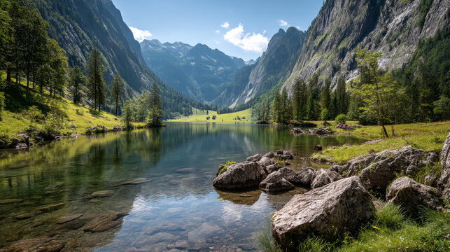 A scenic view of a lake surrounded by mountains and trees on a sunny day