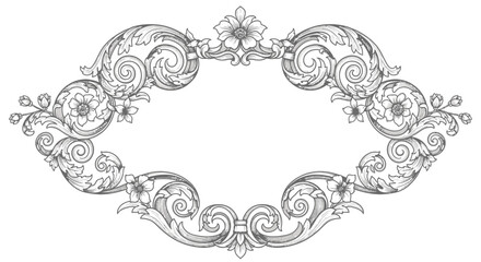 Fototapeta premium Luxurious Ornate Oval Frame with Detailed Floral Scrollwork and Leaves on an Isolated White Background