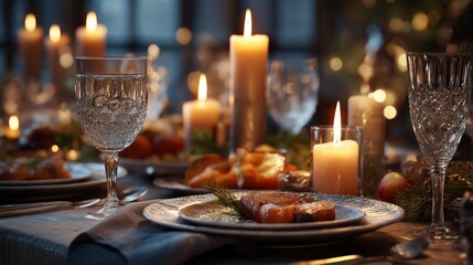 Fototapeta premium Candlelit dinner with delicious food for a festive evening