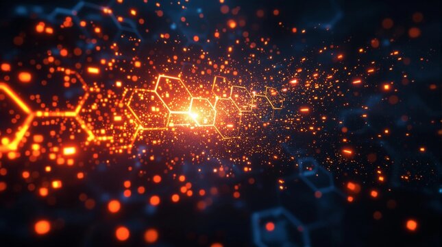 Stunning orange glowing hexagon particles flow in dark space representing future innovation